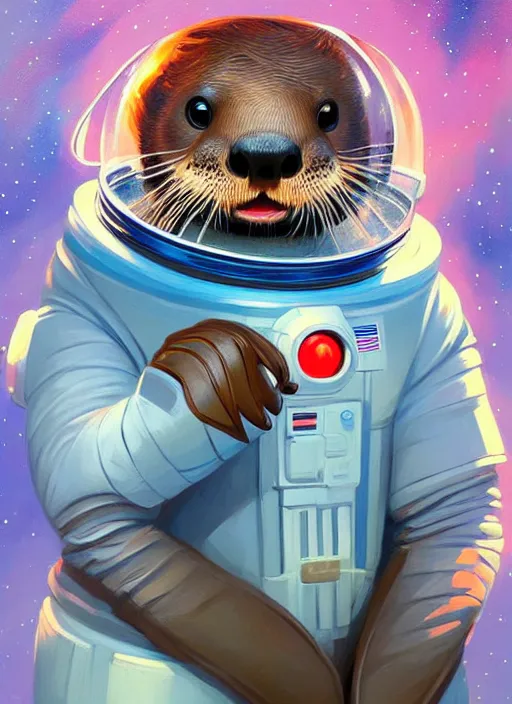 Prompt: a portrait of a cute otter in a space suit, galaxy, detailed, artstation, painting by rhads