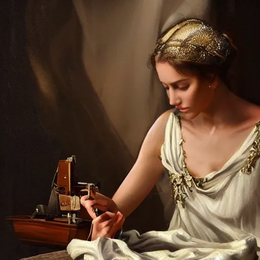 Prompt: Absolutely gorgeous greek goddess of fashion, she is sewing the most beautiful dress the olympian gods have ever seen, cinematic lighting, high quality 8k hd, oil on canvas, hyperralistic art