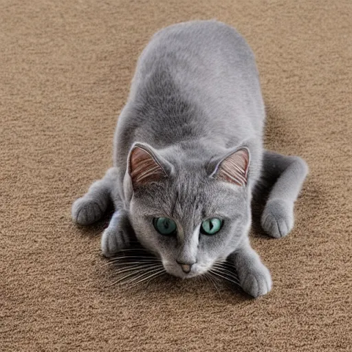 Image similar to gray cat stretching on beige carpet