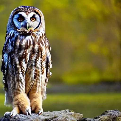 Prompt: An owl crossbred with a bear. The animal has the body of a bear, with fur, the bear is brown, it's owls head has feathers, the owls face eyes are yellow , 8k, ultra realistic, professional photography