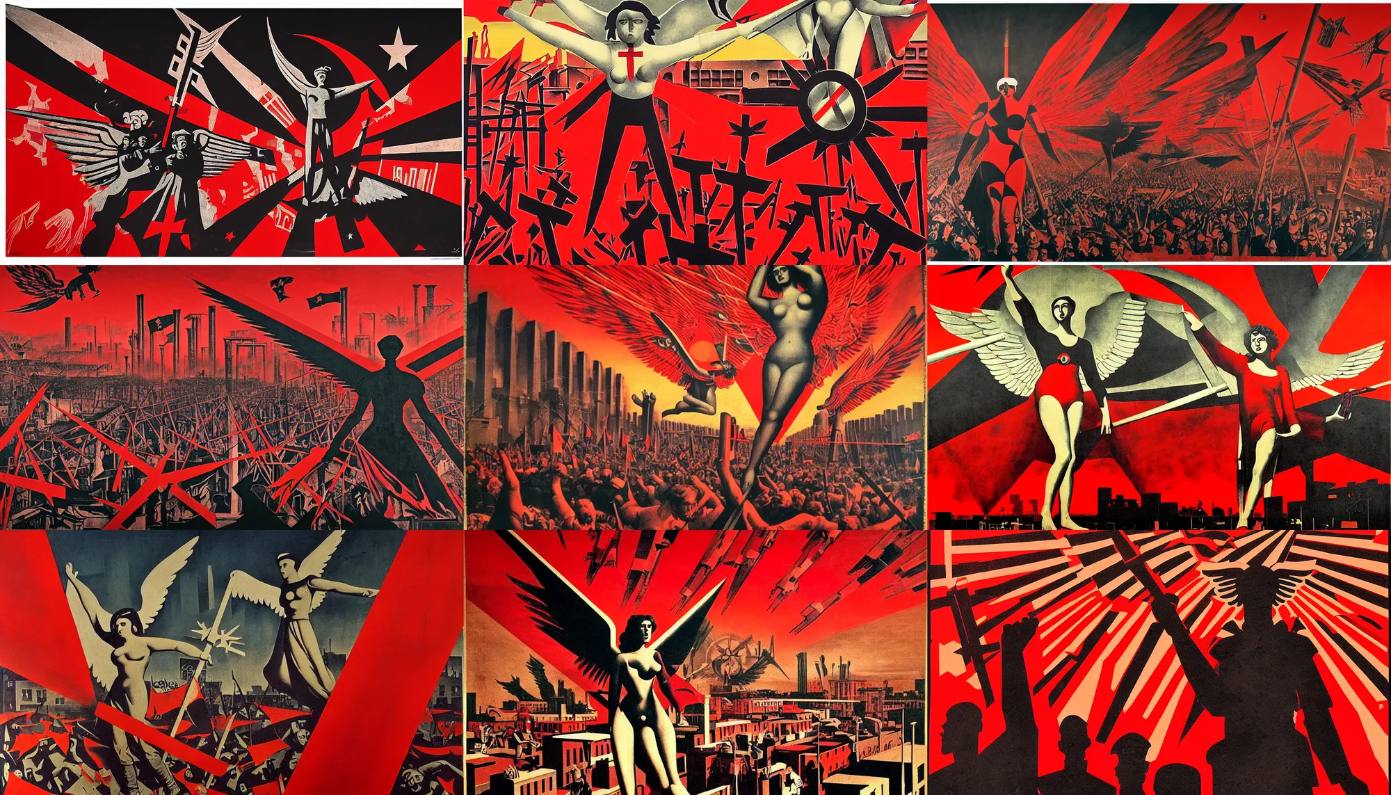 Prompt: totalitarian socialist angel, vanguardist alternate timeline, dawn red sunburst poster art, anarcho - communist heaven, red and black flags waving, revolutionary masses, modernist factories in background, art by max ernst, cnt spanish civil war era propaganda, extremely detailed, 4 k