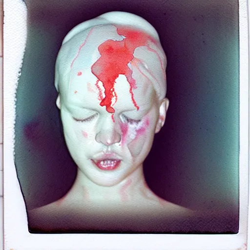 Prompt: a liquid white clay porcelain portrait of a face melt down flow go runny, body painted with white thick fluid, realistic detailed watercolor polaroid, grainy image, contrast