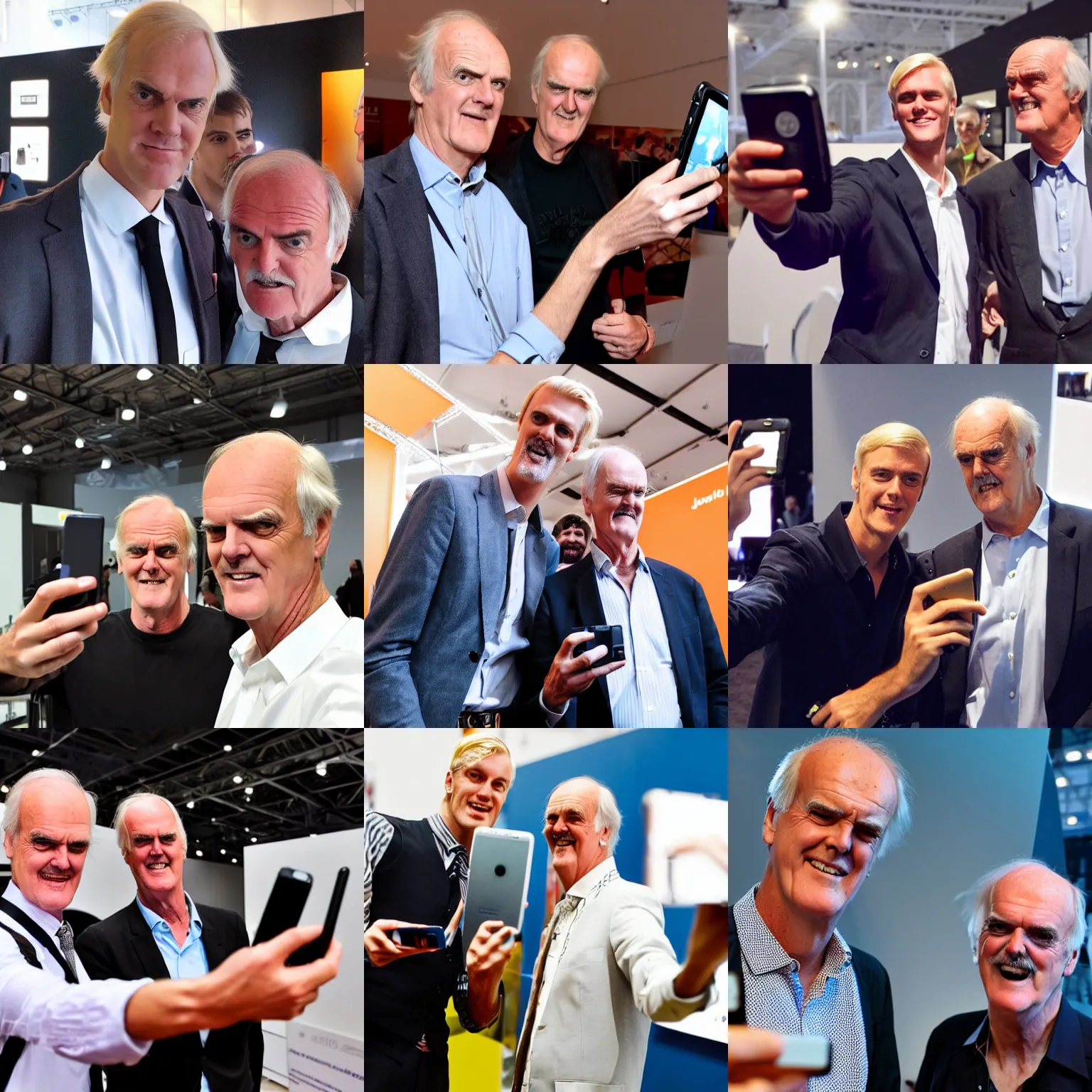 Prompt: a tall, attractive and very handsome blond young man taking a selfie with his idol john cleese at a hightech exhibition