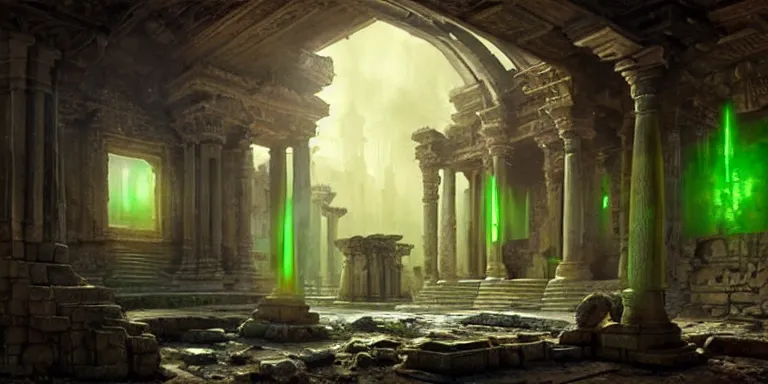 Prompt: beautiful hyperrealistic spectacular painting of the mysterious intricate ruins of the mysterious ancient temple, an advanced technology timemachine with a green - glowing - crystal from the future is inside the temple, by hubert robert and lee madwick and bastien lecouffe - deharme, dramatic moonlight lighting, advanced technology