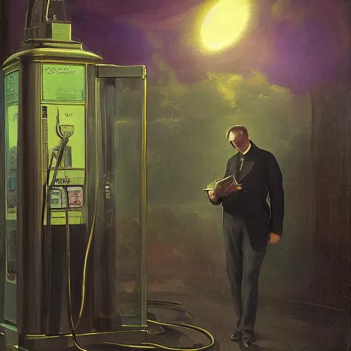 Image similar to painting of a man in suit at a artlilery scifi organic shaped gas pump, floral ornaments, volumetric lights, purple sun, andreas achenbach