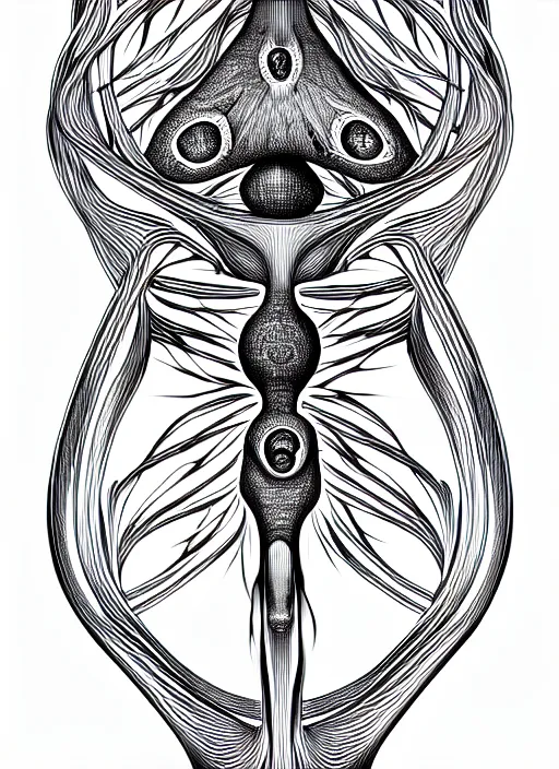 Image similar to symmetry! human fetus, intricate, elegant, highly detailed, concept art, smooth, sharp focus, lineart, illustration,, penned with black on white, 8 k