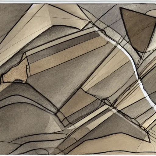 Image similar to masterpiece abstract intricate painting of detailed highly layered angled rocky field along a landscape surface of rectangular shapes. thin pencil rough sketch lines slanting down provide a sense of movement. quarter view angles. beautiful use of light to create a sense of a stony surface. using architectural techniques with an engineering quality and a rich earthy color palette, providing a mathematical feel.