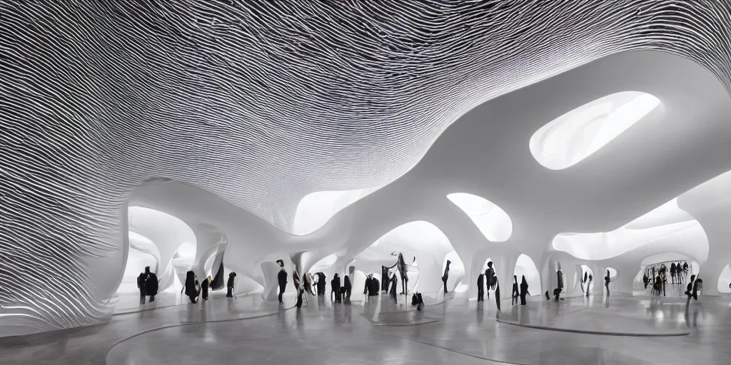 Prompt: extremely detailed ornate stunning sophisticated beautiful elegant futuristic museum lobby interior by Zaha Hadid, stunning volumetric light, light beam, sunset