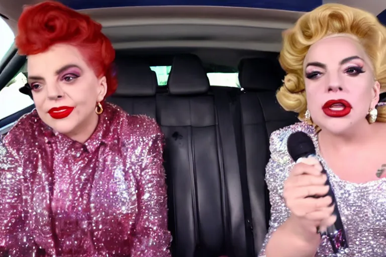 Image similar to lady gaga and judy garland doing carpool karaoke, lady gaga and judy garland, carpool karaoke, lady gaga, judy garland, carpool karaoke, youtube video screenshot, the late late show with james corden, higly realistic, high resolution, dashcam