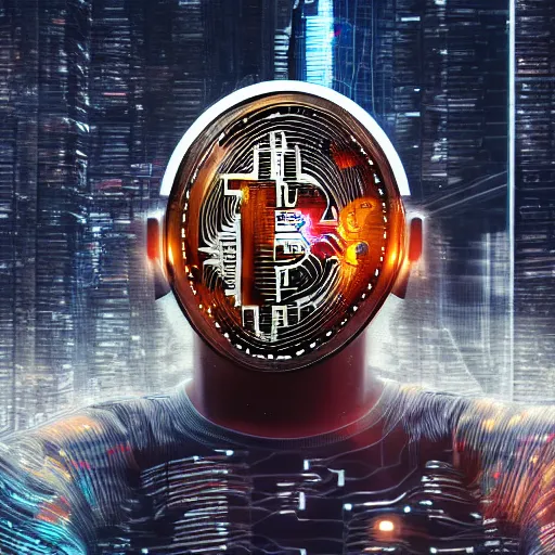 Image similar to people running scared from a giant bitcoin head, cyberpunk art, hyper-realistic, 4k