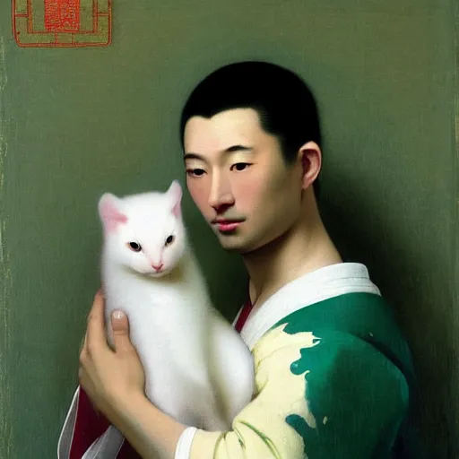 Prompt: A beautiful young Asian man, long black smooth shiny hair, light skin color and green eyes in a beautiful traditional Chinese robe, holding a white fluffy kitten, looking at dolphin playing in he pool, he is a prince and a serious person, by Johannes Vermeer, Frank Frazetta and William Adolphe Bouguereau, fantasy, trending on artstation, amazing details, mtg, digital painting, concept art