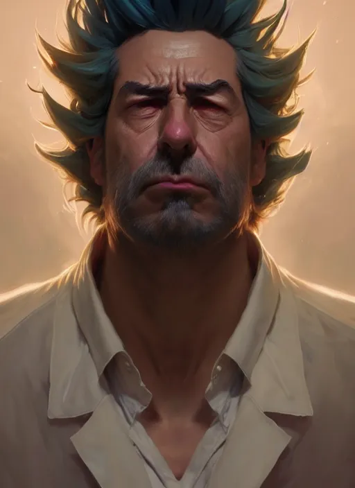 Prompt: concept art by artgerm, amazingly dense distance portrait of a hyper realistic, frowning, sad rick sanchez by greg rutkowski, artgerm, alphonse mucha, concept art, octane render, highly detailed, high quality, 8 k, soft lighting, path traced, and uang guangjian and gil elvgren, symmetry!!