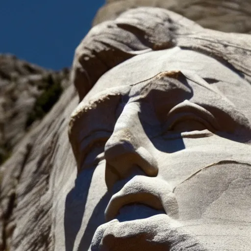 Prompt: donald trump's face carved into rock on mount rushmore. the photo clearly depicts the facial features of donald trump, at a slightly elevated level, depicting his particular hair style carved into the stone at the mountain top, centered, balances, regal, pensive, powerful, just