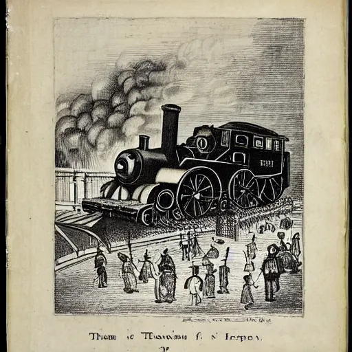 Image similar to 1 7 0 0 s newspaper etching of thomas the tank engine crashing into grand central station