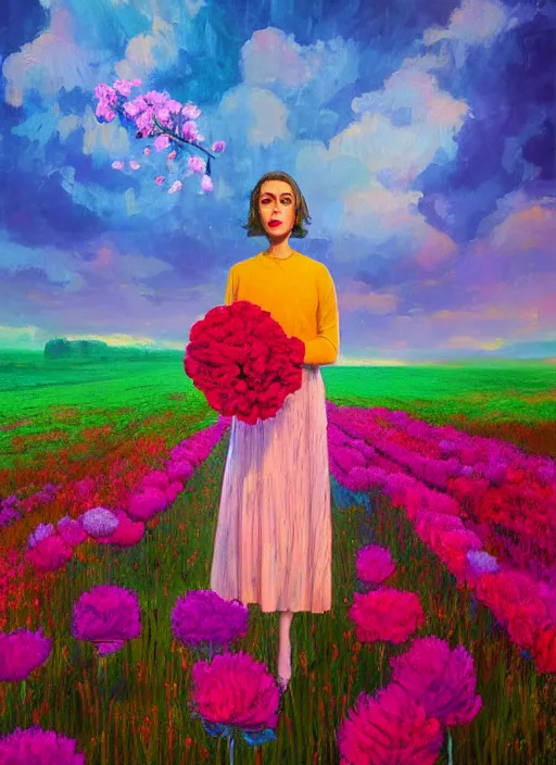 Image similar to portrait of a woman with a giant carnation as a face, flower field, surreal photography, sunset dramatic light, impressionist painting, colorful clouds, blue sky, digital painting, artstation, simon stalenhag