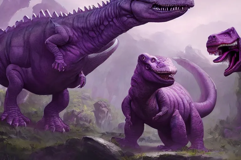 Image similar to barney the purple dinosaur, in a prehistoric landscape, surrounded by larger predatory dinosaurs, tyrannosaurus, fantasy art, barney and friends, greg rutkowski, concept art, highly detailed, artstation, artgerm, behance, cgsociety, natural history