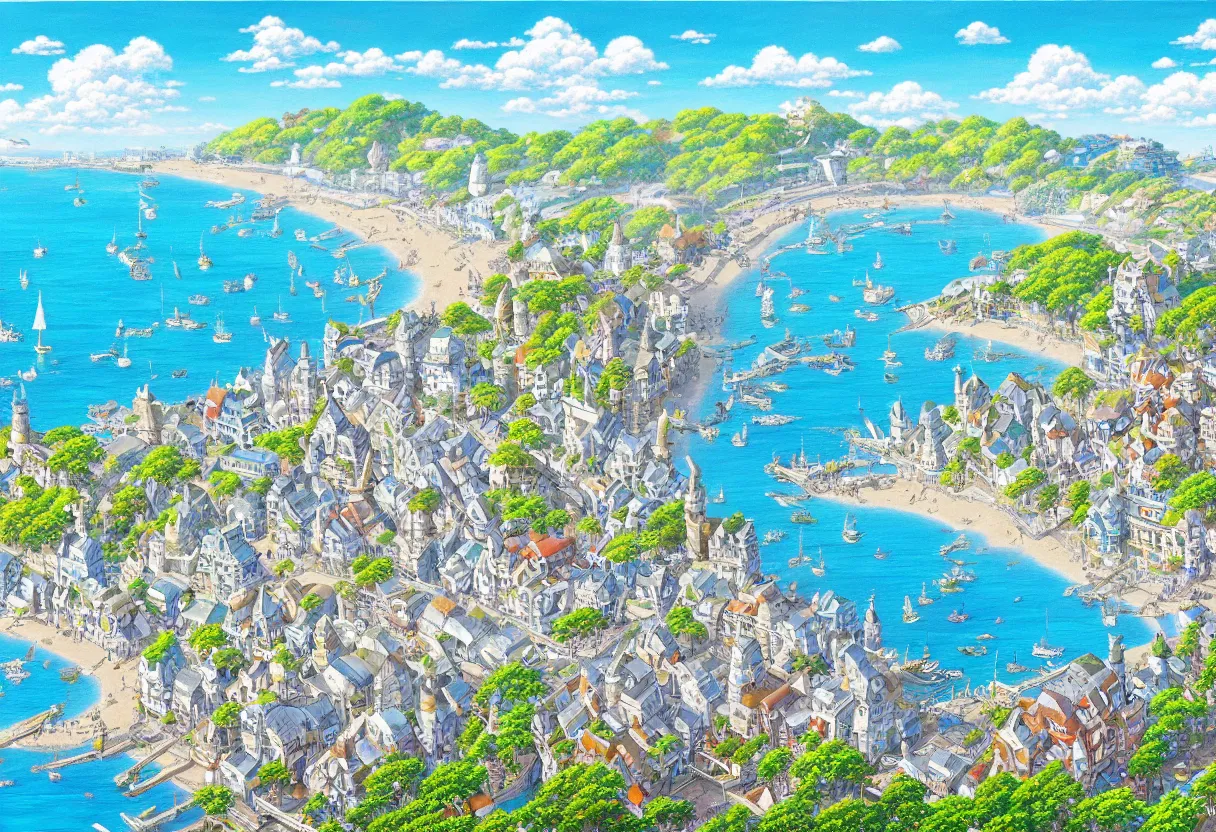 Image similar to a beautiful ultradetailed painting of a seaside town, sunny, close shot, studio ghibli sunlight, archdaily, wallpaper, highly detailed, trending on artstation