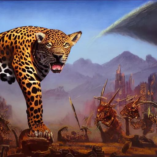 Prompt: mighty jaguar in summer nigt, beautiful colours, sharp textures, biotechnology, nikolay georgiev, alex ross, bruce pennington, donato giancola, larry elmore, masterpiece, oils on canvas, trending on artstation, featured on pixiv, cinematic composition, sharp, details, hyper - detailed, hd, hdr, 4 k, 8 k