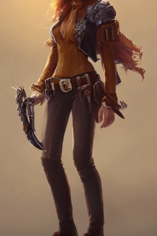 Image similar to full body, katherine mcnamara cowgirl, perfect face, white blouse, holster, 8 k, magic the gathering, desert, d & d, artstation, high detail, smooth, sweaty character concepts by senior concept artist