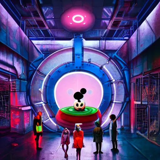 Image similar to a group of people standing around a giant cyclope mickey mouse, cyberpunk art by david lachapelle, cgsociety, dystopian art by industrial light and magic, concept art, neons, interior