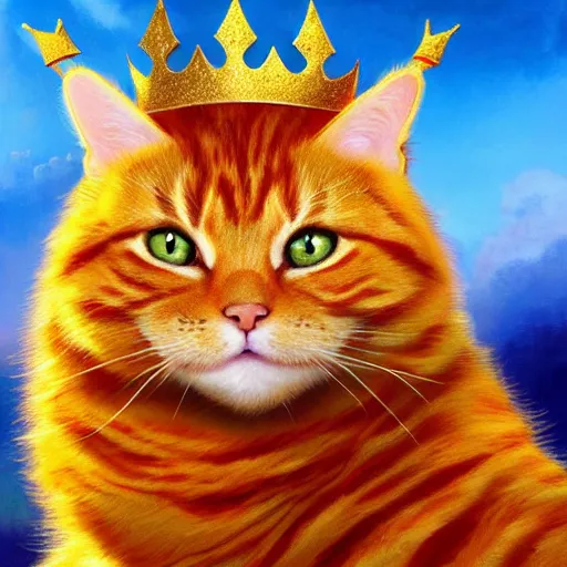 Image similar to colossal fluffy orange royal king tabby cat wearing a golden crown, golden hour, fantasy, vivid colors, sharp focus, digital art, hyper - realistic, 4 k, unreal engine, highly detailed, hd, dramatic lighting by brom, trending on artstation