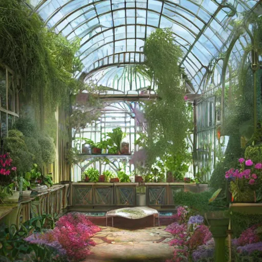 Image similar to a musical bedroom art deco greenhouse. the greenhouse is built into a giant oak tree, ornate, beautiful, atmosphere, vibe, flowers, concept art illustration, greg rutowski, volumetric lighting,