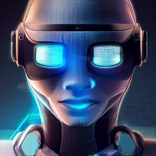 Image similar to cyber robot wearing vr headset, 3 d illutration, profile face portrait, night, detailed, cyberpunk style, character, detailed,