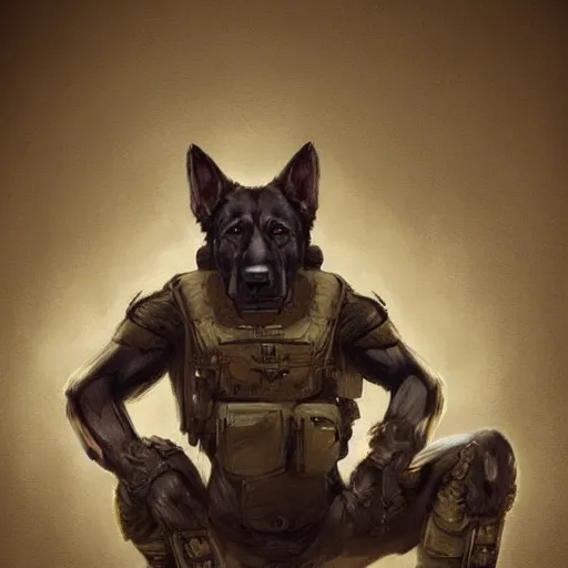 Image similar to a humanoid german shepherd beast - man in military style, sitting on the carpeted floor beside a bed, highly detailed portrait, digital painting, artstation, concept art, smooth, sharp foccus ilustration, artstation