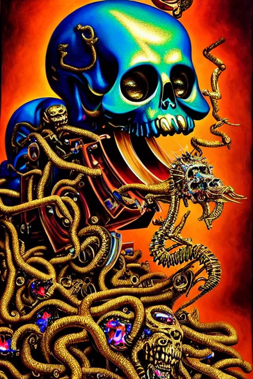 Image similar to a hyperrealistic painting of a ornate jewel embellished gold death machine spewing chunks out of a wood chipper, cinematic horror by chris cunningham, lisa frank, richard corben, highly detailed, vivid color,