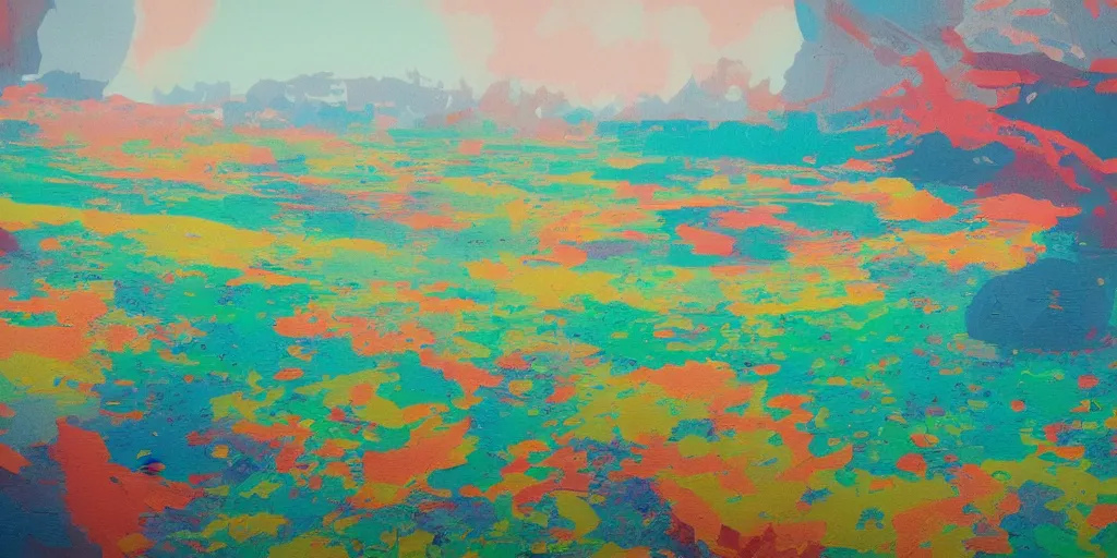 Image similar to partly abstract landscape painting at noon by james jean and David Schnell painted in no mans sky style