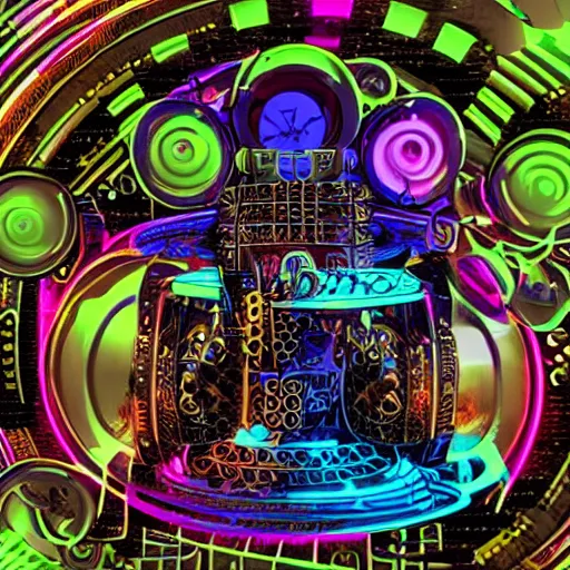 Image similar to sticker of a rock band, name is tripmachine, on the sticker is a 3 d render of a huge futuristic steampunk generator with music instruments, 8 k, fluorescent colors, halluzinogenic, multicolored, exaggerated detailed, silk screen art