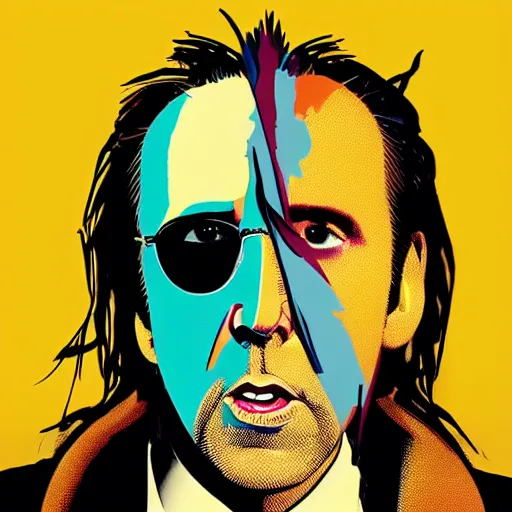 Prompt: nic cage breaking a drum over his knee, stylized album cover