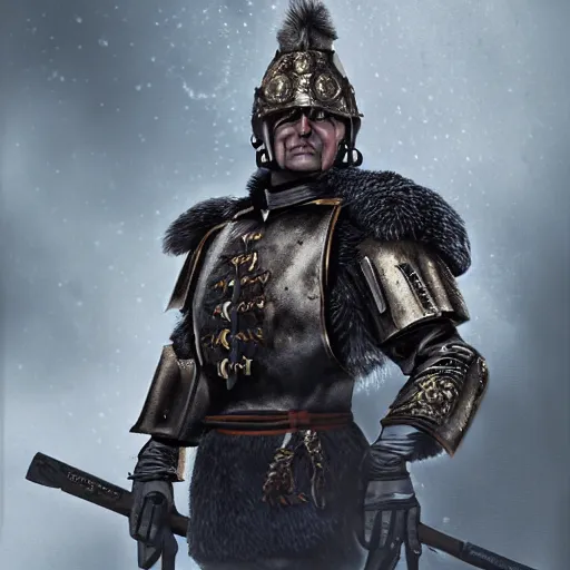 Image similar to Swedish king as a warhammer soldier, poster, cinematic, photoreal, octane, 8k, realistic