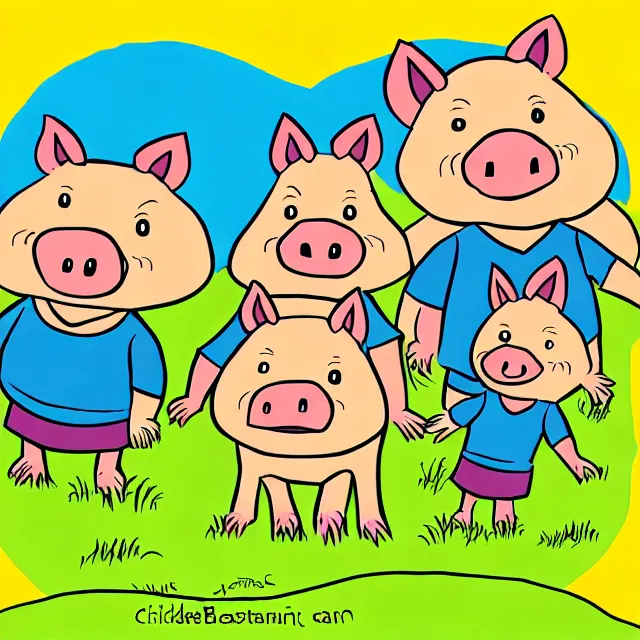 Prompt: children's book cover illustration for the boarenstain boars, cartoon boar family wearing clothing, in the style of stan and jan berenstain.