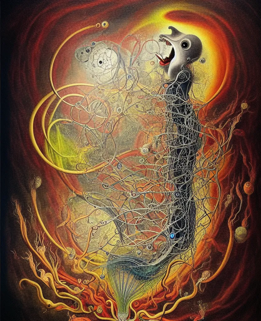 Image similar to whimsical freaky creature sings a unique canto about'as above so below'being ignited by the spirit of haeckel and robert fludd, breakthrough is iminent, glory be to the magic within, painted by ronny khalil