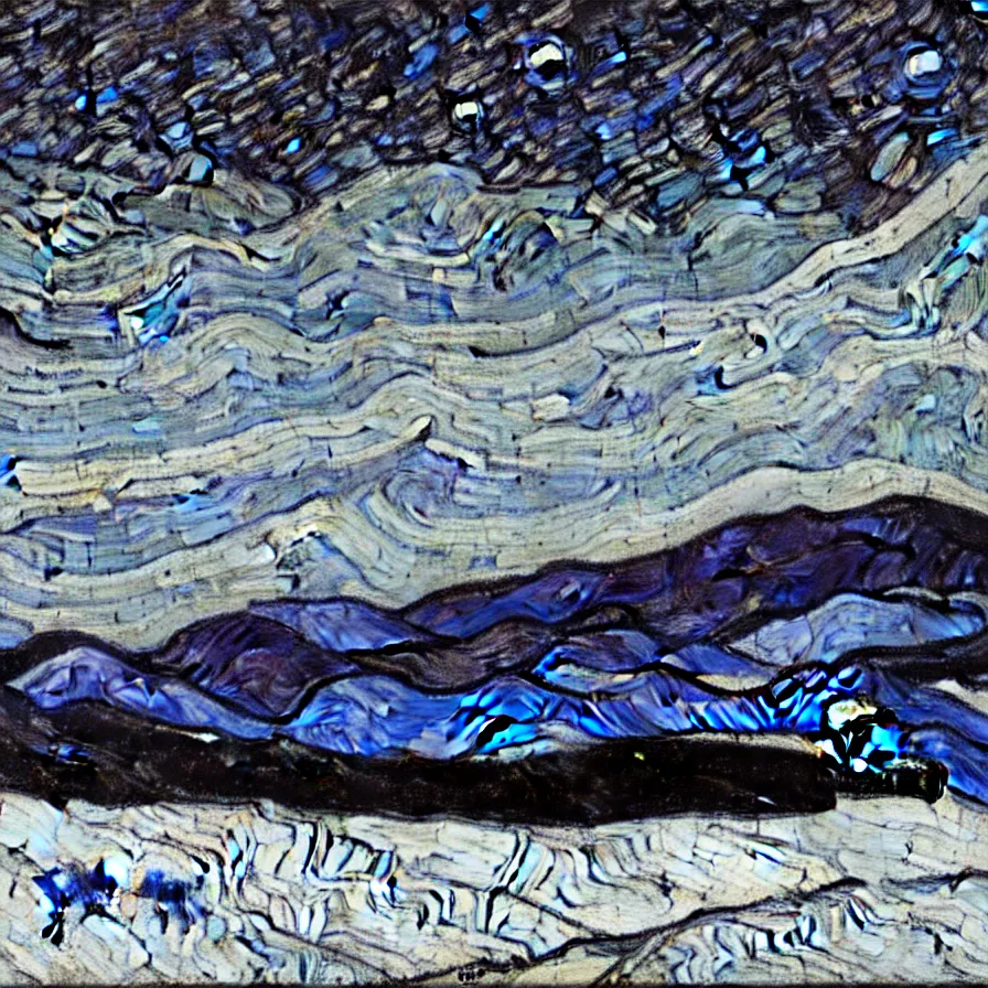 Image similar to thick impasto textured oil black and white painting of the laurentian appalachian mountains in winter by vincent van gogh, unique, original and creative landscape, snowy night, distant town lights, aurora borealis, deers and ravens, footsteps in the snow, brilliant composition