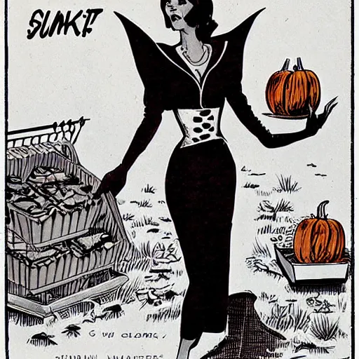 Prompt: vampire woman shopping for pumpkins, 1960s retro sci fi pulp art,