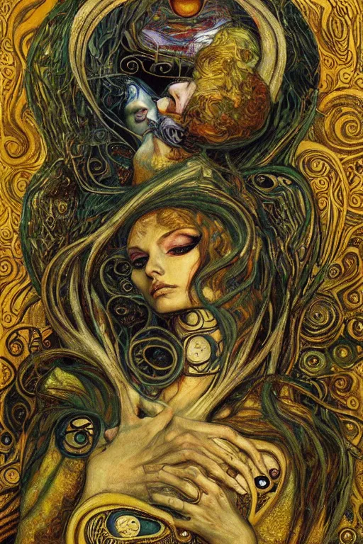 Image similar to Rebirth by Karol Bak, Jean Deville, Gustav Klimt, and Vincent Van Gogh, portrait of a sacred serpent, Surreality, otherworldly, fractal structures, arcane, ornate gilded medieval icon, third eye, spirals