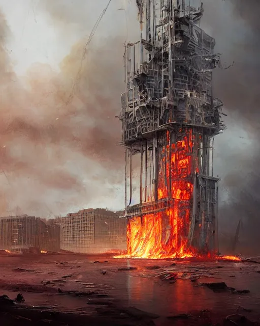 Image similar to a highly detailed epic cinematic concept art CG render digital painting artwork: Oil rig on fire. By Greg Rutkowski, in the style of Francis Bacon and Syd Mead and Norman Rockwell and Beksinski, open ceiling, highly detailed, painted by Francis Bacon and Edward Hopper, painted by James Gilleard, surrealism, airbrush, Ilya Kuvshinov, WLOP, Stanley Artgerm, very coherent, triadic color scheme, art by Takato Yamamoto and James Jean