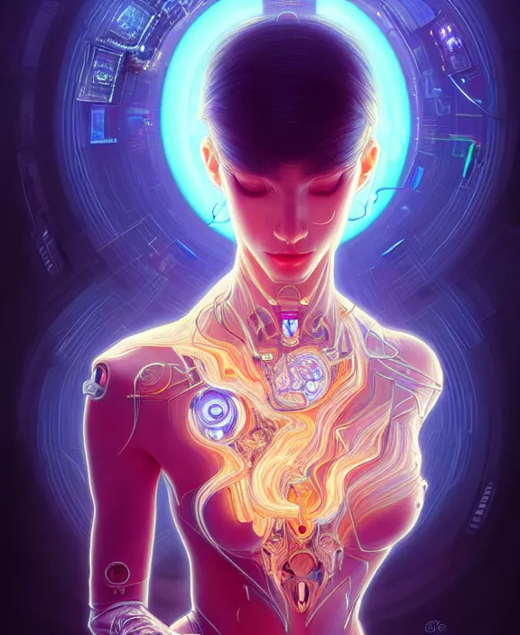 Image similar to a whirlwind of souls rushing inside the metaverse, hologram, half body, neurochip, shaved temple, piercing, jewelry, android, cyborg, cyberpunk face, by loish, d & d, fantasy, intricate, elegant, highly detailed, colorful, digital painting, artstation, concept art, art by artgerm and greg rutkowski and alphonse mucha