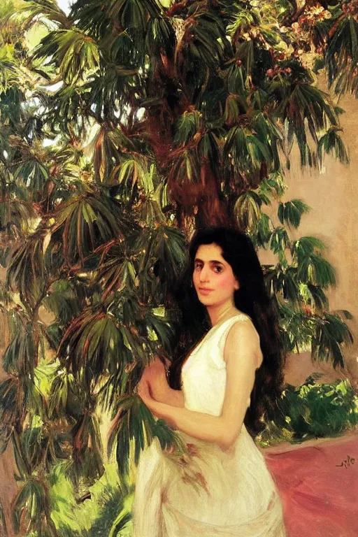 Image similar to portrait of persian girl near a lot of palm trees and bougainvillea, painting by john singer sargent