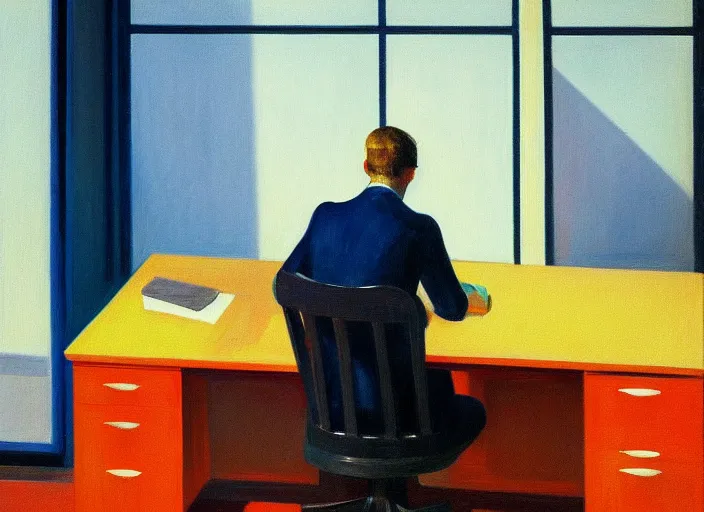 Image similar to painting of a lonely man sitting at his desk in an empty, huge office, in the style of edward hopper, very detailed face