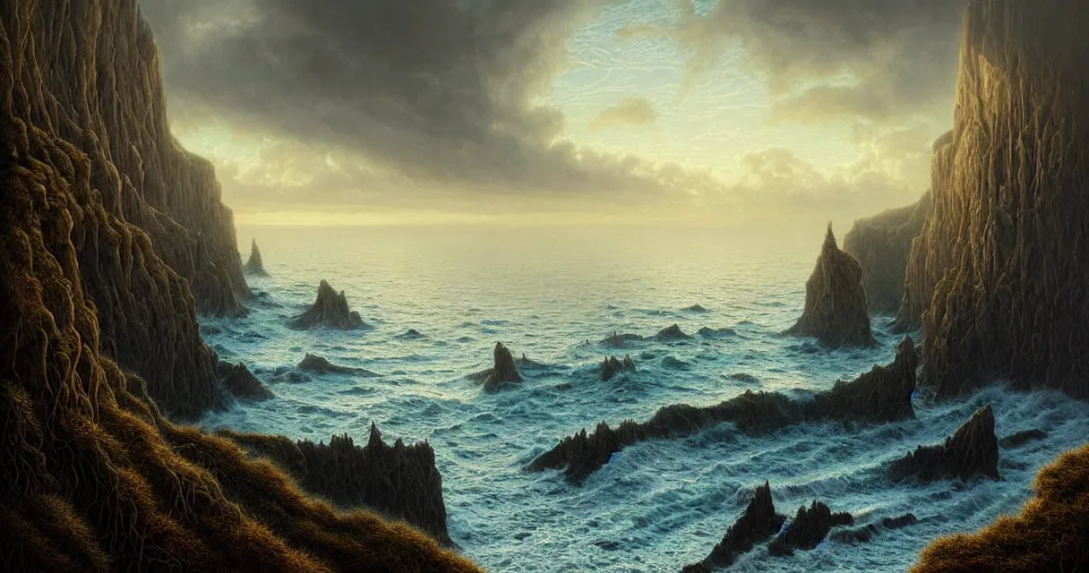 Image similar to epic professional digital art of hungry cliffside sea coastline, faint golden moody atmospheric lighting, painted, intricate, detailed, detailed, foreboding, by leesha hannigan, wayne haag, reyna rochin, ignacio fernandez rios, mark ryden, iris van herpen,, epic, stunning, gorgeous, much wow, cinematic, masterpiece.