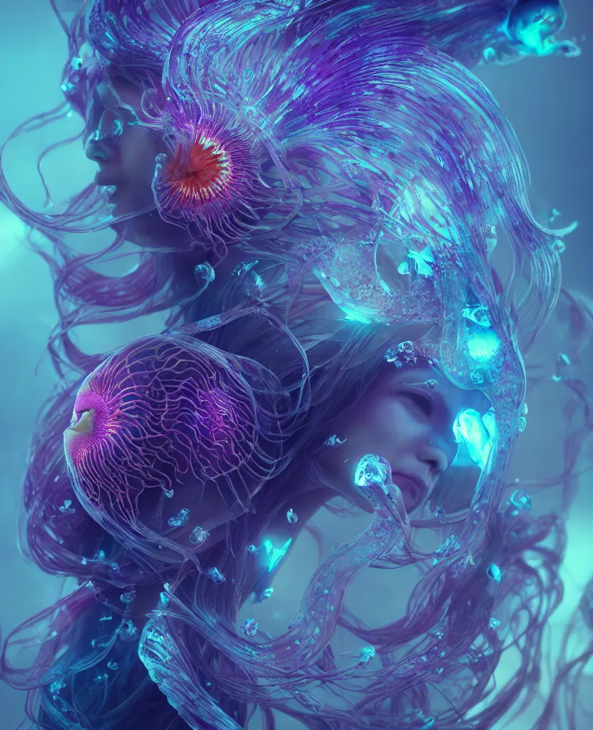 Image similar to goddess close-up portrait. orchid jellyfish phoenix head, nautilus, skull, betta fish, bioluminiscent creatures, intricate artwork by Tooth Wu and wlop and beeple. octane render, trending on artstation, greg rutkowski very coherent symmetrical artwork. cinematic, hyper realism, high detail, octane render, 8k