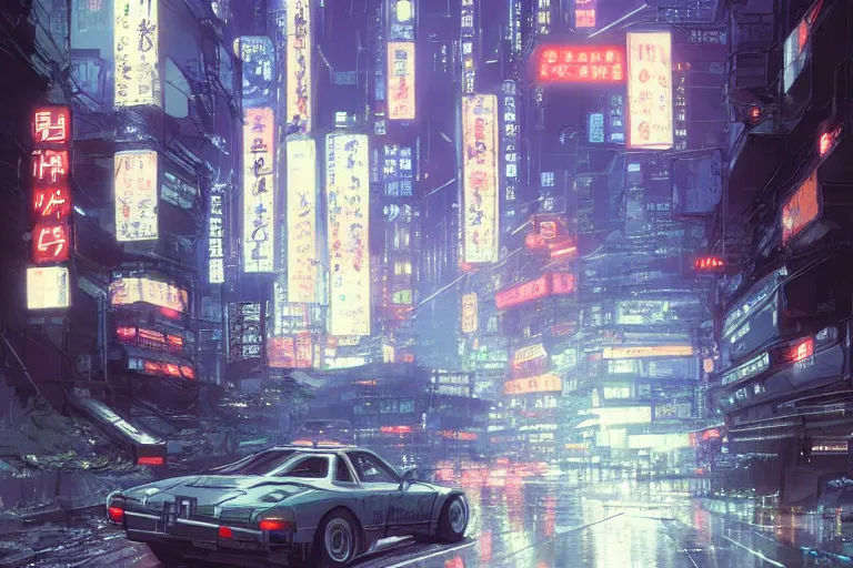 Prompt: akira cyberpunk autozam az - 1 drifting through tokyo at night by greg rutkowski makoto shinkai takashi takeuchi studio ghibli, akihiko yoshida