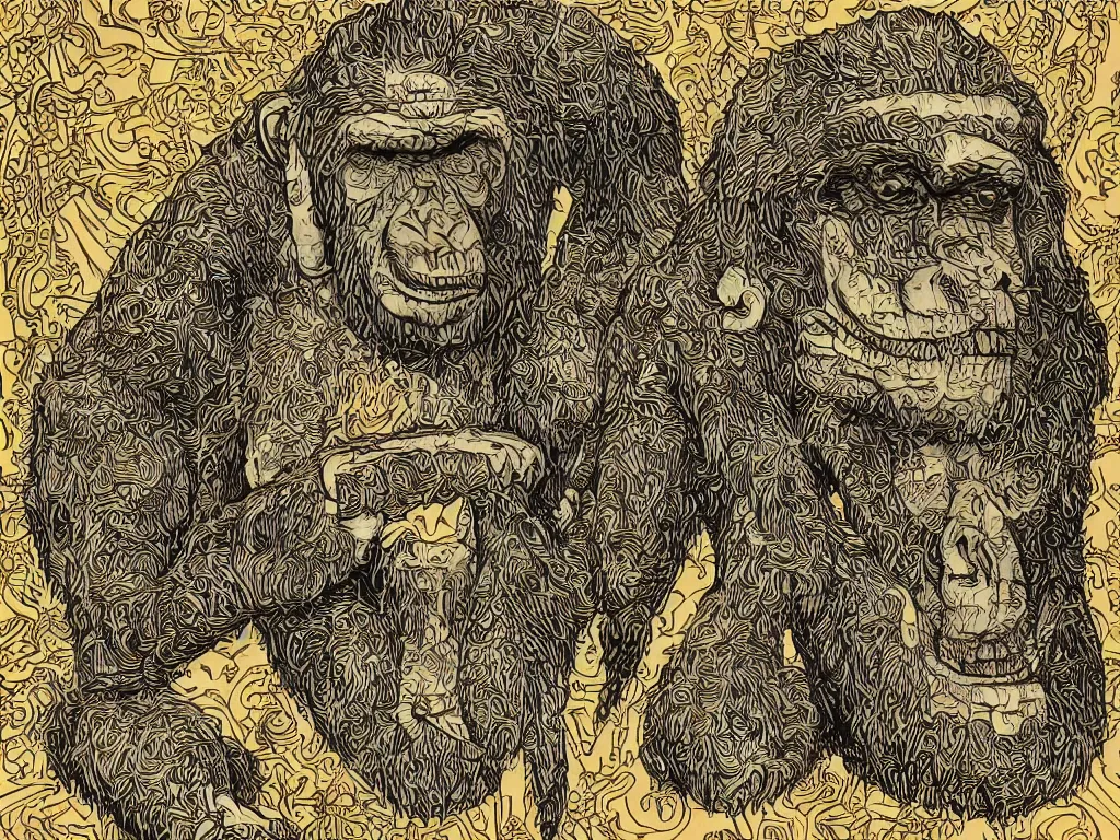 Image similar to bored ape club monkeies by Chor Boogie, intricate details, ultra detailed, 4K, award-winning, touch of M. C. Escher and Salvador Dali