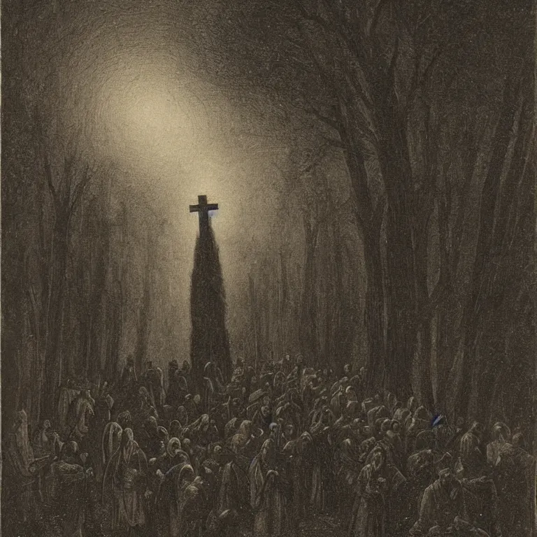 Image similar to A Holy Week procession of souls in a lush Spanish landscape at night. A figure at the front holds a cross. Carl Gustav Carus.