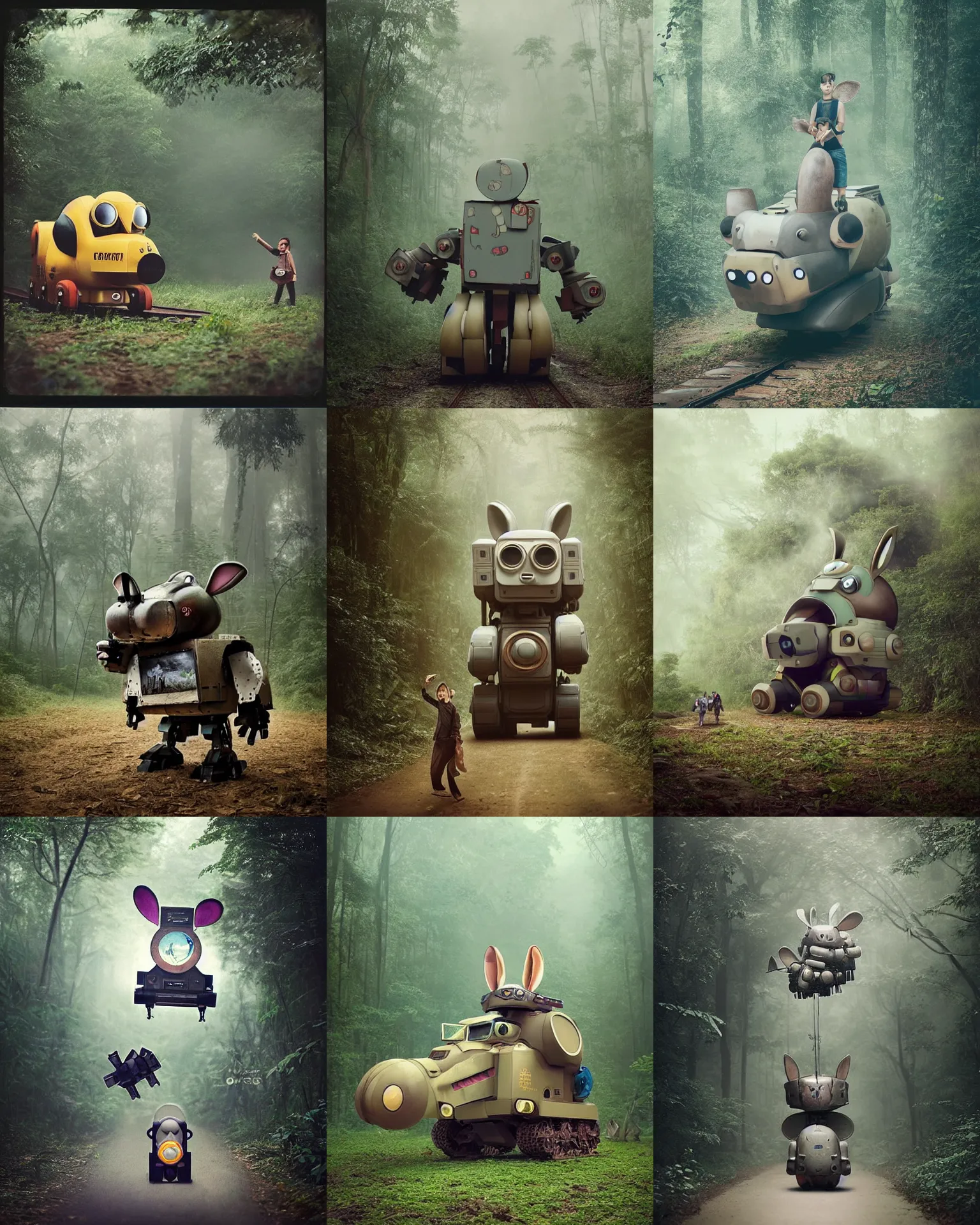 Prompt: epic chase !!! giant oversized battle rabbit robot chubby mech train with big ears , on a jungle forest , full body , Cinematic focus, Polaroid photo, vintage , neutral dull colors, foggy mist , by oleg oprisco , by victor enrich , by gregory crewdson