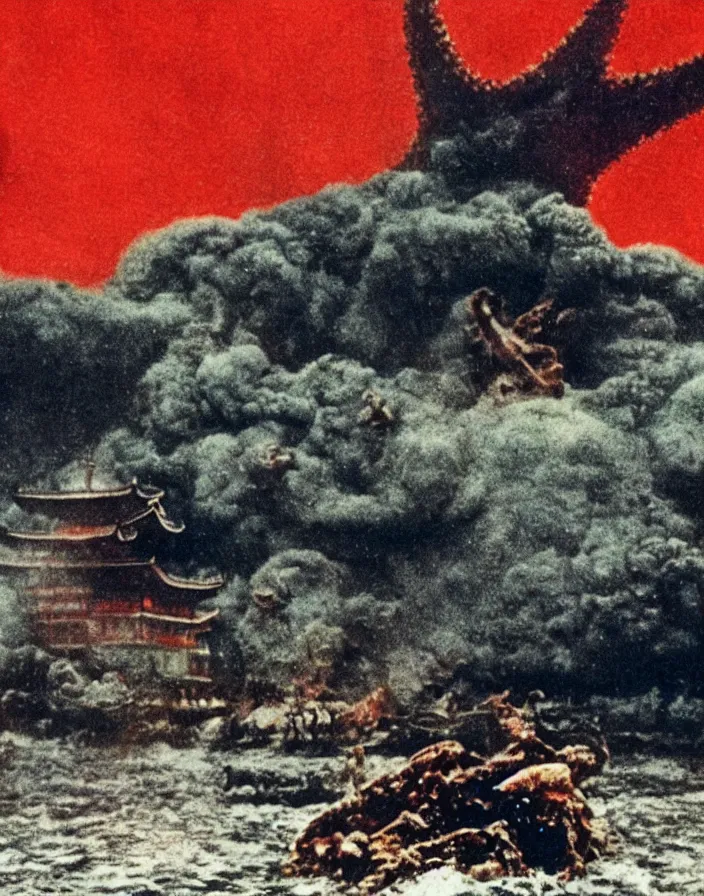 Image similar to a filmstill of a north korean monster movie, kaiju - eiga monster starfish - like trampling a traditional korean palace, foggy, film noir, epic battle, etheral, explosions, thriller, by akira kurosawa and wes anderson video compression