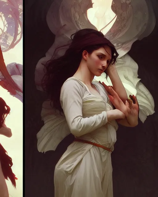 Prompt: a portrait of anguish, concept art, smooth, sharp focus, illustration, art by artgerm and greg rutkowski and alphonse mucha and william - adolphe bouguereau